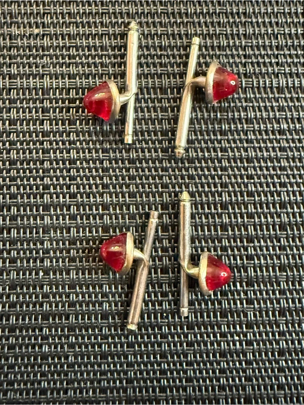 Vintage Red Cabochon Tuxedo Shirt Studs Set of 4 Silver Tone Formal Menswear